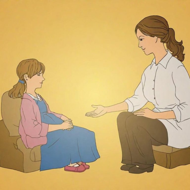 A woman sitting with a girl, offering her a reassuring gesture in a warm setting.