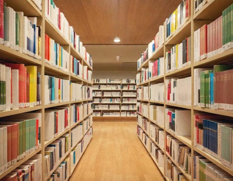A view down a library aisle lined with shelves of colourful books.