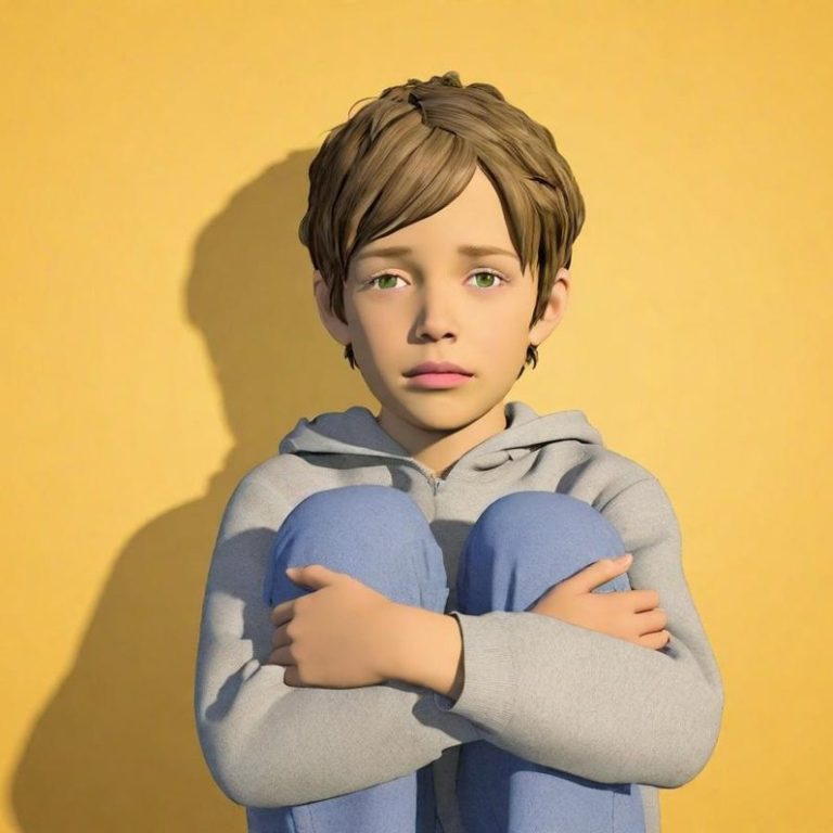 A worried boy sits with his arms hugged around his knees, against a yellow background.